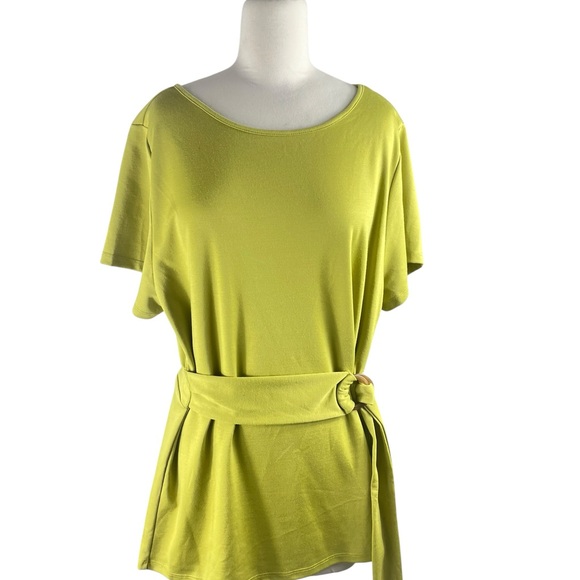 Massini Tops - Massini Wasabi Green Short Sleeve Top with round buckle detail  Size 1X